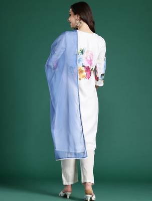 Floral Printed Beads and Stones Linen Kurta with Trousers & With Dupatta 8
