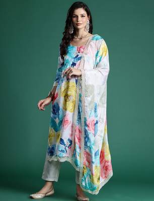 Floral Embroidered Empire Thread Work Kurta With Trousers & Dupatta 1