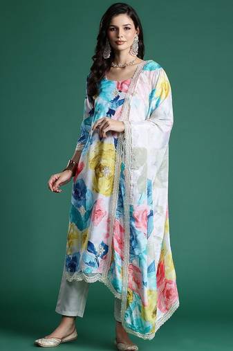 Floral Embroidered Empire Thread Work Kurta With Trousers & Dupatta