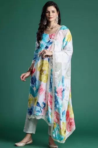 Floral Embroidered Empire Thread Work Kurta With Trousers & Dupatta