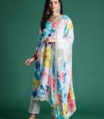 Floral Embroidered Empire Thread Work Kurta With Trousers & Dupatta