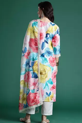 Floral Embroidered Empire Thread Work Kurta With Trousers & Dupatta