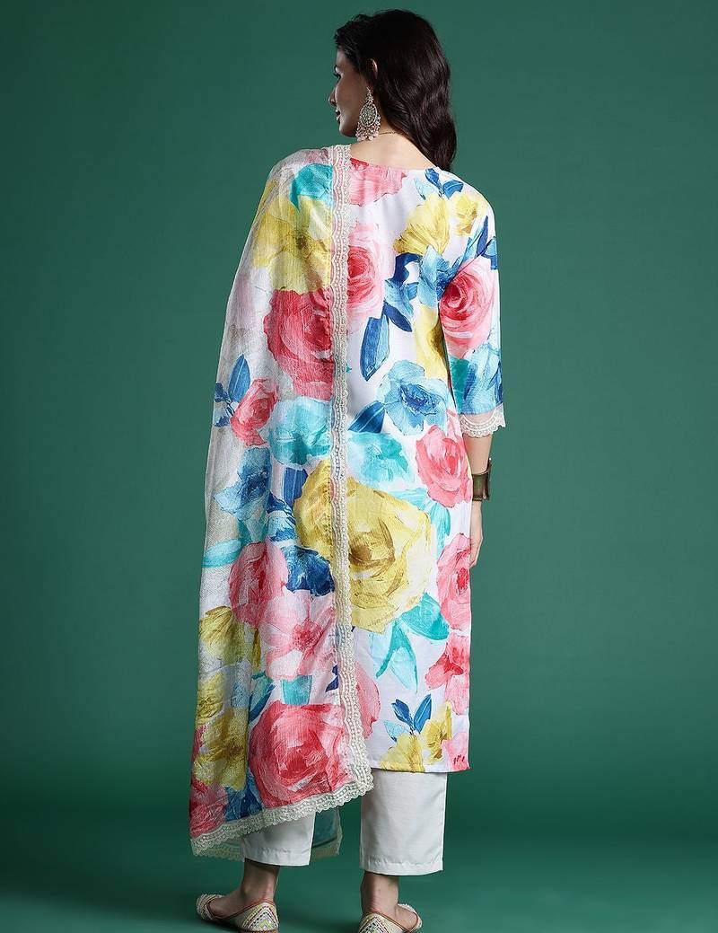 Floral Embroidered Empire Thread Work Kurta With Trousers & Dupatta