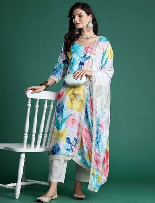 Floral Embroidered Empire Thread Work Kurta With Trousers & Dupatta 6