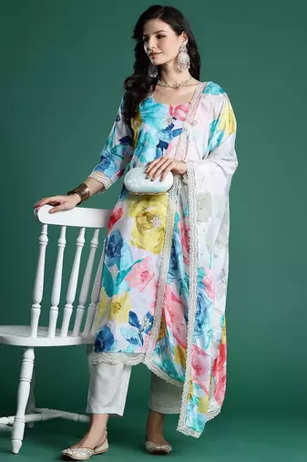 Floral Embroidered Empire Thread Work Kurta With Trousers & Dupatta