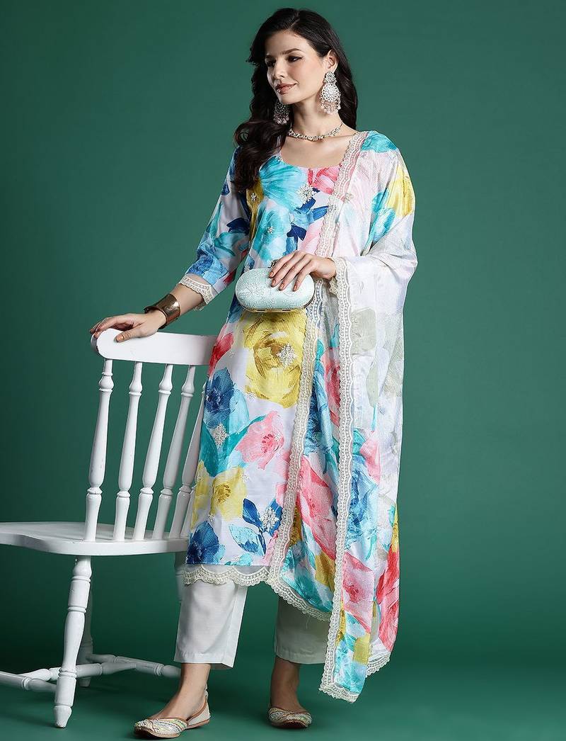 Floral Embroidered Empire Thread Work Kurta With Trousers & Dupatta