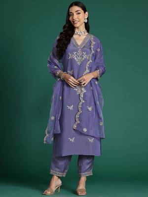 Floral Embroidered Sequinned Kurta With Trousers & Dupatta 1