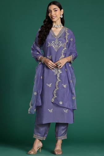Floral Embroidered Sequinned Kurta With Trousers & Dupatta