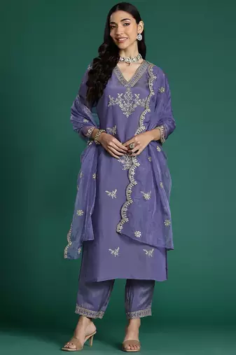 Floral Embroidered Sequinned Kurta With Trousers & Dupatta