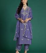 Floral Embroidered Sequinned Kurta With Trousers & Dupatta
