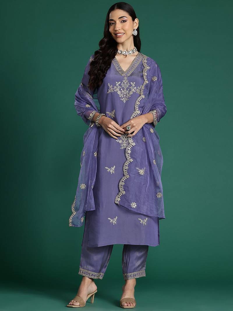Floral Embroidered Sequinned Kurta With Trousers & Dupatta