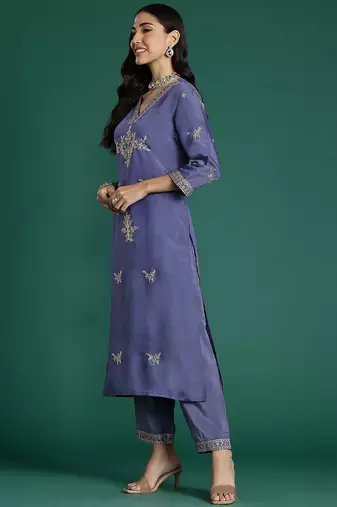 Floral Embroidered Sequinned Kurta With Trousers & Dupatta