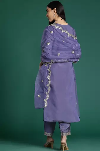 Floral Embroidered Sequinned Kurta With Trousers & Dupatta