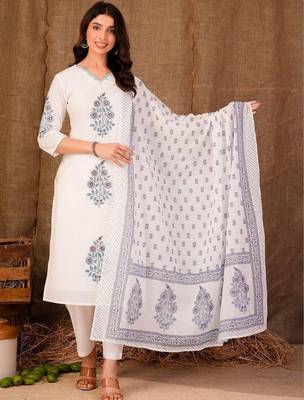 Women Floral Printed Regular Pure Cotton Kurta with Trousers & With Dupatta 3