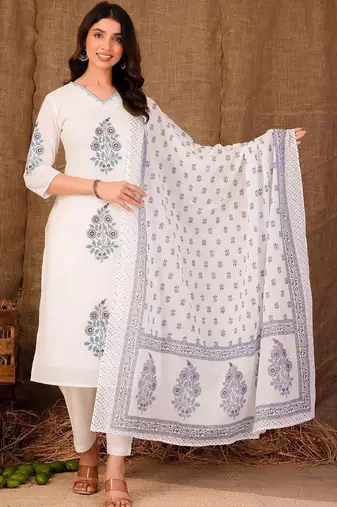 Women Floral Printed Regular Pure Cotton Kurta with Trousers & With Dupatta