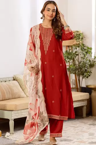 Women Floral Embroidered Regular Thread Work Kurta with Trousers & With Dupatta