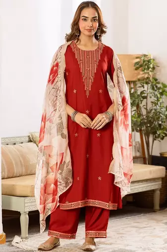 Women Floral Embroidered Regular Thread Work Kurta with Trousers & With Dupatta