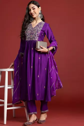 Ethnic Motifs Embroidered Thread Work A-Line Kurta With Trouser And Dupatta