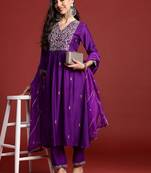 Ethnic Motifs Embroidered Thread Work A-Line Kurta With Trouser And Dupatta