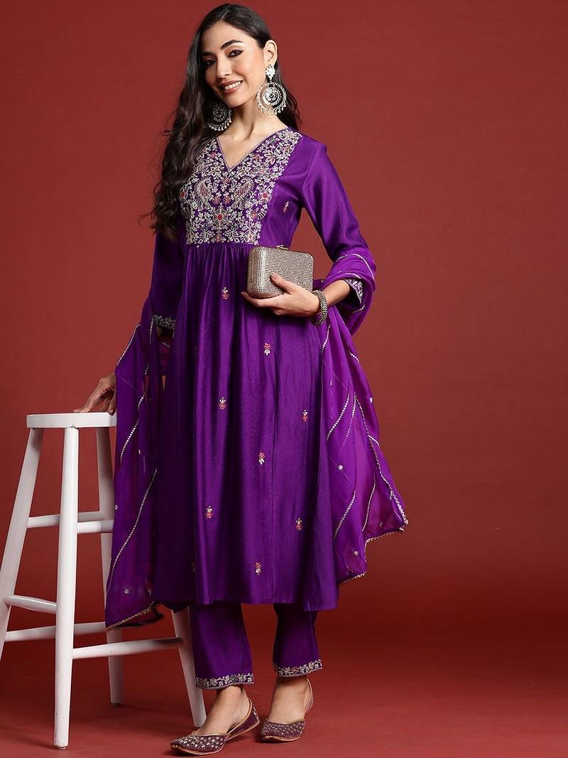 Ethnic Motifs Embroidered Thread Work A-Line Kurta With Trouser And Dupatta