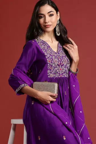 Ethnic Motifs Embroidered Thread Work A-Line Kurta With Trouser And Dupatta