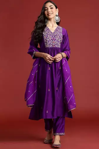 Ethnic Motifs Embroidered Thread Work A-Line Kurta With Trouser And Dupatta