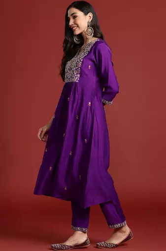 Ethnic Motifs Embroidered Thread Work A-Line Kurta With Trouser And Dupatta