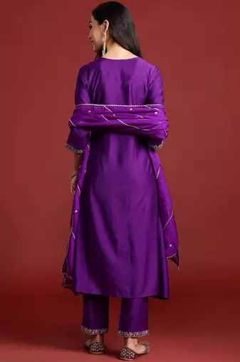 Ethnic Motifs Embroidered Thread Work A-Line Kurta With Trouser And Dupatta