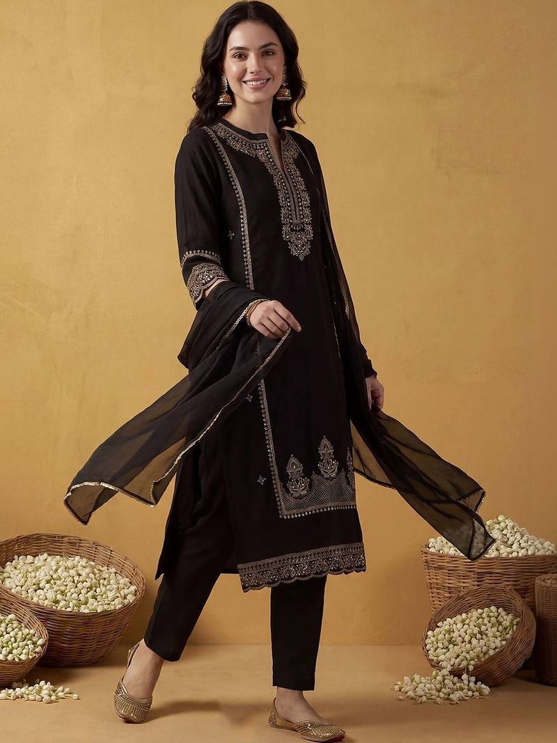 Women Ethnic Motifs Embroidered Regular Mirror Work Kurta with Trousers & With Dupatta