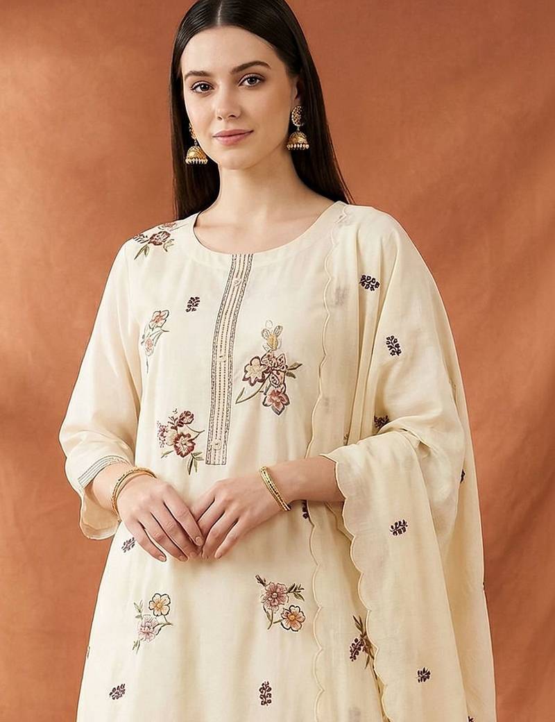 Women Floral Embroidered Regular Thread Work Kurta with Trousers & With Dupatta