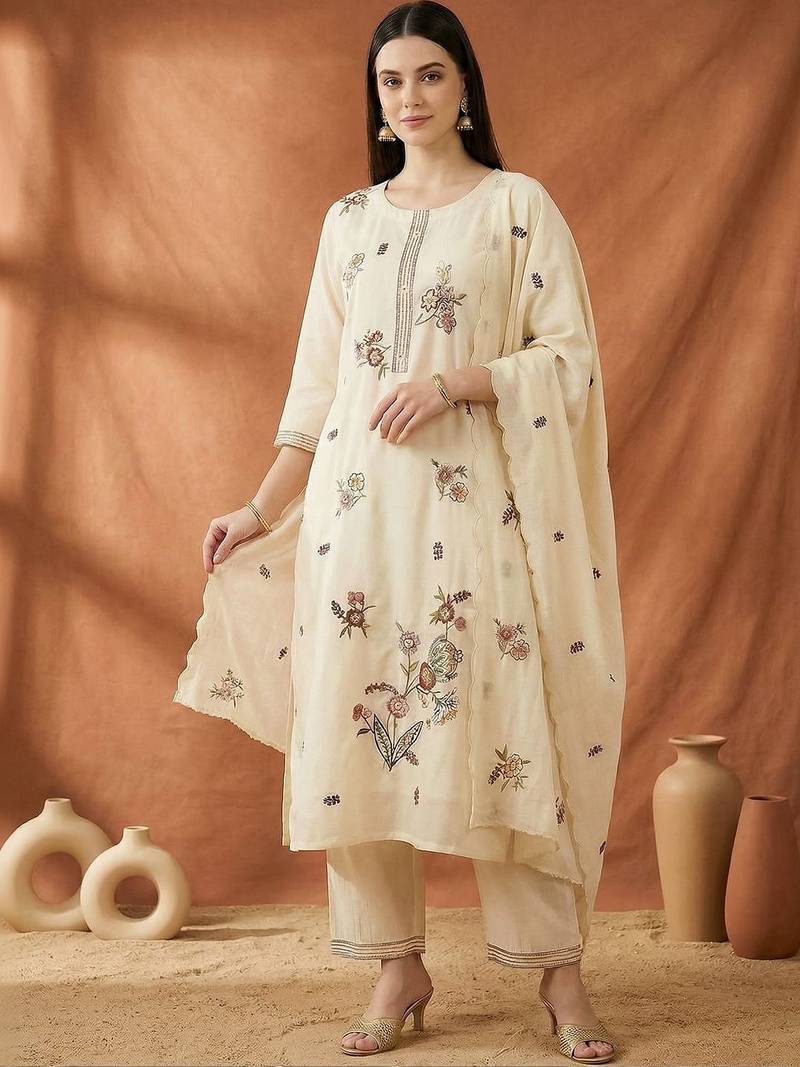 Women Floral Embroidered Regular Thread Work Kurta with Trousers & With Dupatta