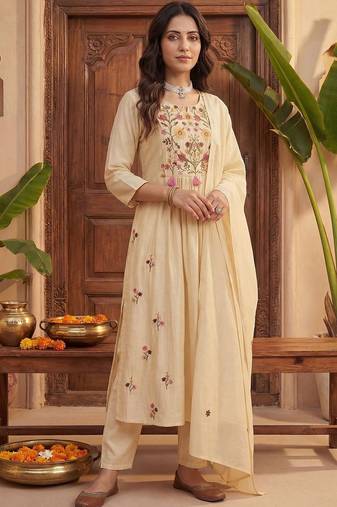 Women Floral Embroidered Regular Thread Work Kurta with Trousers & With Dupatta