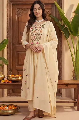 Women Floral Embroidered Regular Thread Work Kurta with Trousers & With Dupatta