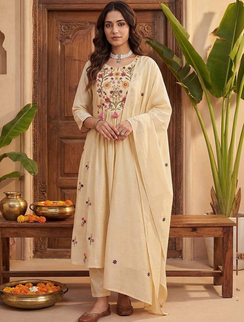 Women Floral Embroidered Regular Thread Work Kurta with Trousers & With Dupatta
