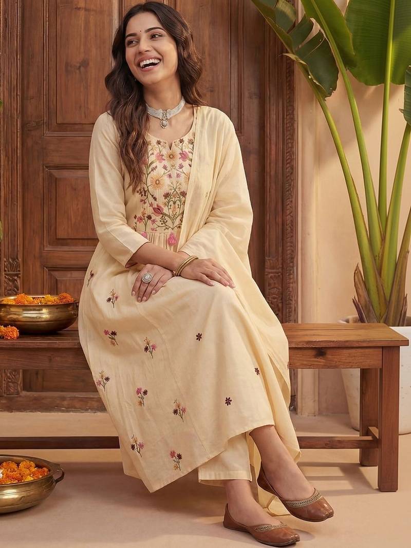 Women Floral Embroidered Regular Thread Work Kurta with Trousers & With Dupatta