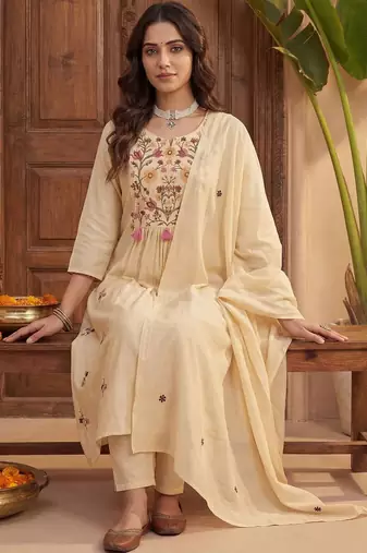 Women Floral Embroidered Regular Thread Work Kurta with Trousers & With Dupatta