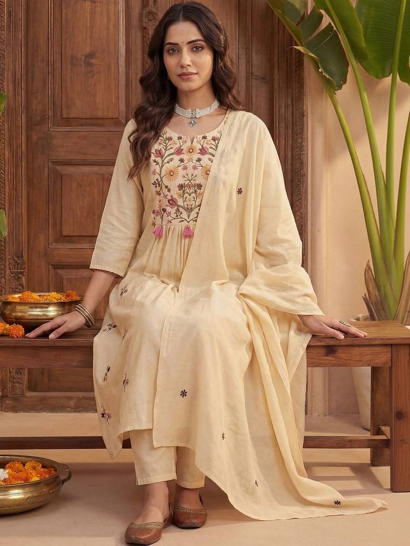 Women Floral Embroidered Regular Thread Work Kurta with Trousers & With Dupatta