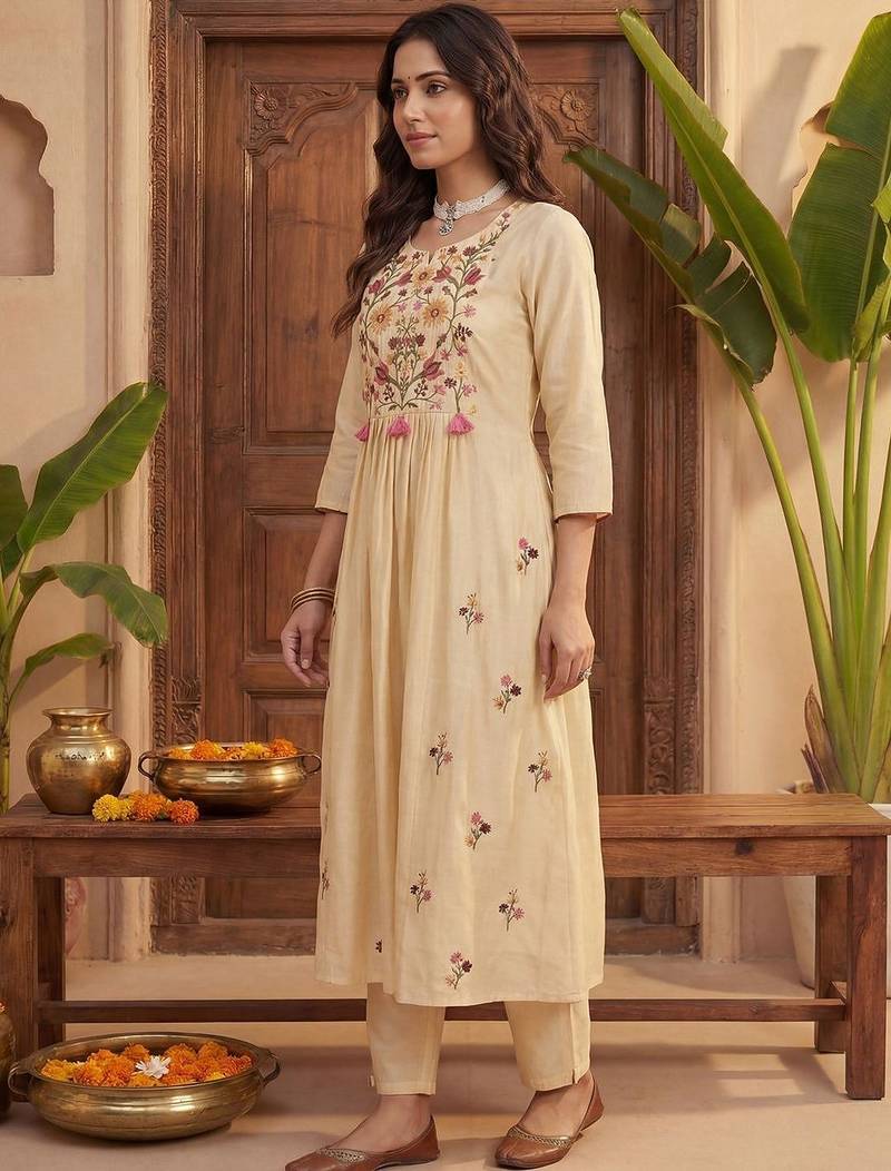 Women Floral Embroidered Regular Thread Work Kurta with Trousers & With Dupatta