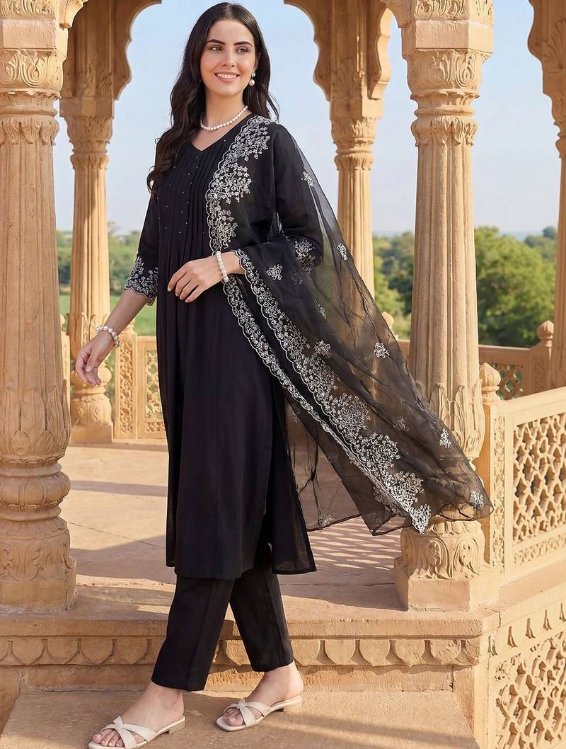 Women Ethnic Motifs Embroidered Regular Thread Work Kurta with Trousers & With Dupatta