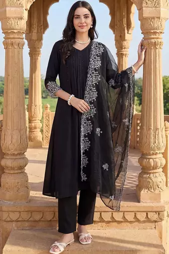 Women Ethnic Motifs Embroidered Regular Thread Work Kurta with Trousers & With Dupatta
