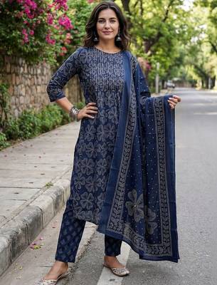 Women Ethnic Motifs Printed Regular Beads and Stones Pure Cotton Kurta with Trousers & With Dupatta 1