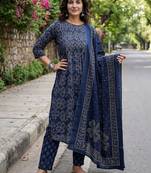 Women Ethnic Motifs Printed Regular Beads and Stones Pure Cotton Kurta with Trousers & With Dupatta