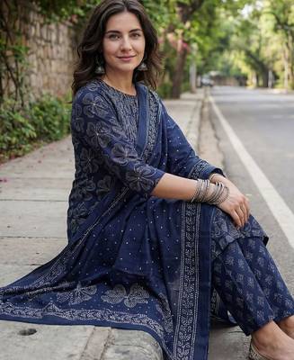 Women Ethnic Motifs Printed Regular Beads and Stones Pure Cotton Kurta with Trousers & With Dupatta 2