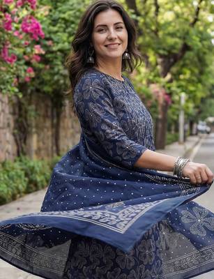 Women Ethnic Motifs Printed Regular Beads and Stones Pure Cotton Kurta with Trousers & With Dupatta 3