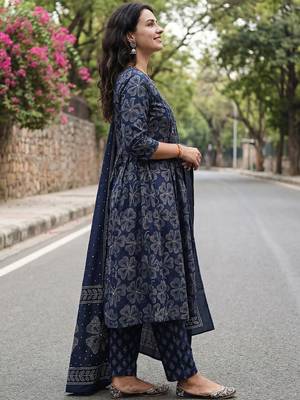 Women Ethnic Motifs Printed Regular Beads and Stones Pure Cotton Kurta with Trousers & With Dupatta 4