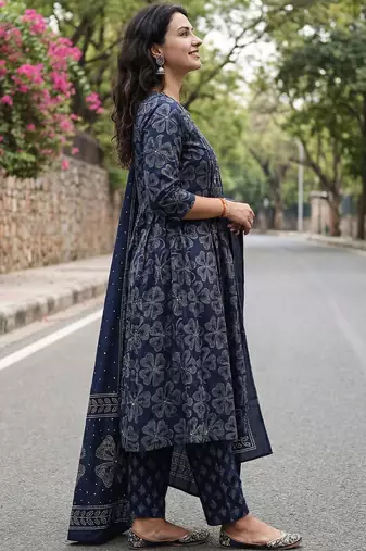 Women Ethnic Motifs Printed Regular Beads and Stones Pure Cotton Kurta with Trousers & With Dupatta