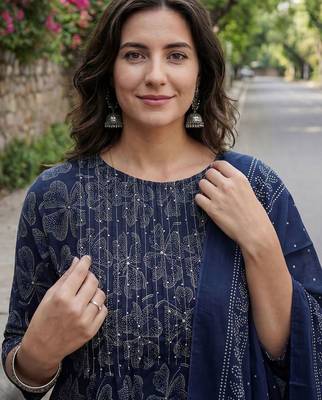 Women Ethnic Motifs Printed Regular Beads and Stones Pure Cotton Kurta with Trousers & With Dupatta 5