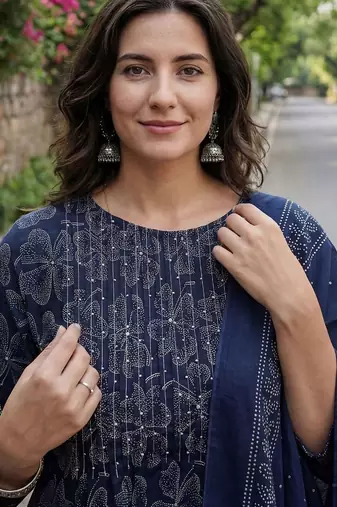 Women Ethnic Motifs Printed Regular Beads and Stones Pure Cotton Kurta with Trousers & With Dupatta