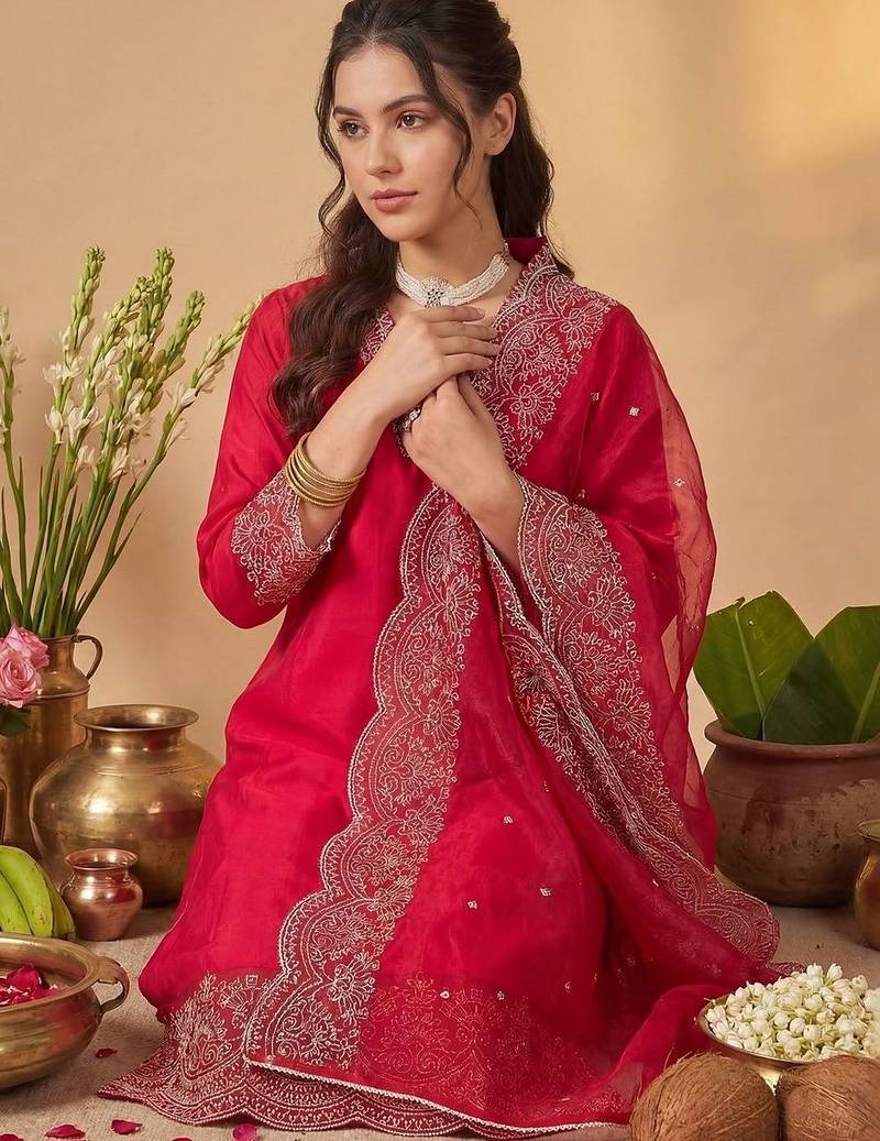 Women Embroidered Regular Thread Work Kurta with Trousers & With Dupatta