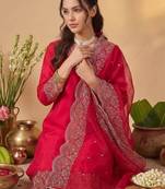 Women Embroidered Regular Thread Work Kurta with Trousers & With Dupatta